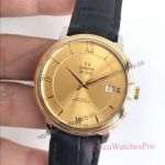 Best Swiss Omega De Ville Gold Roman Dial Black Leather Fake Watches For Mens